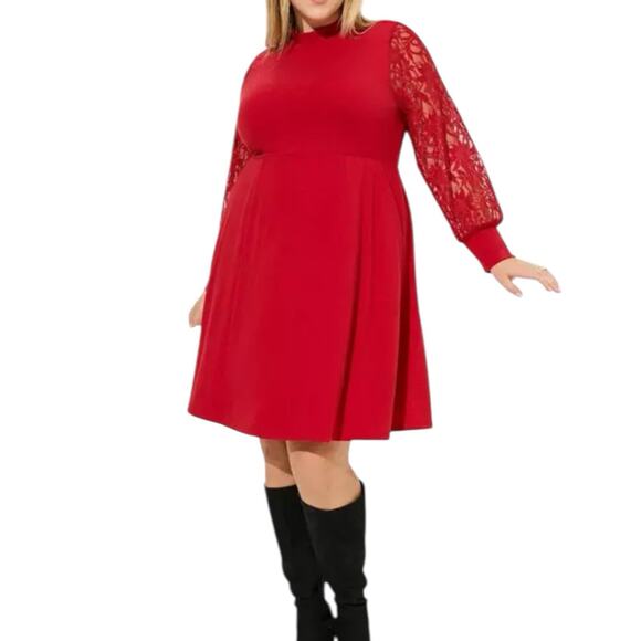 NWT Torrid Red At The Knee Jersey Lace Sleeve Mock Neck Skater Dress Size 1X - Picture 2 of 9